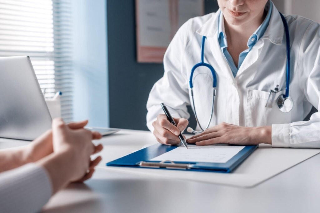 a doctor giving advice to a patient.